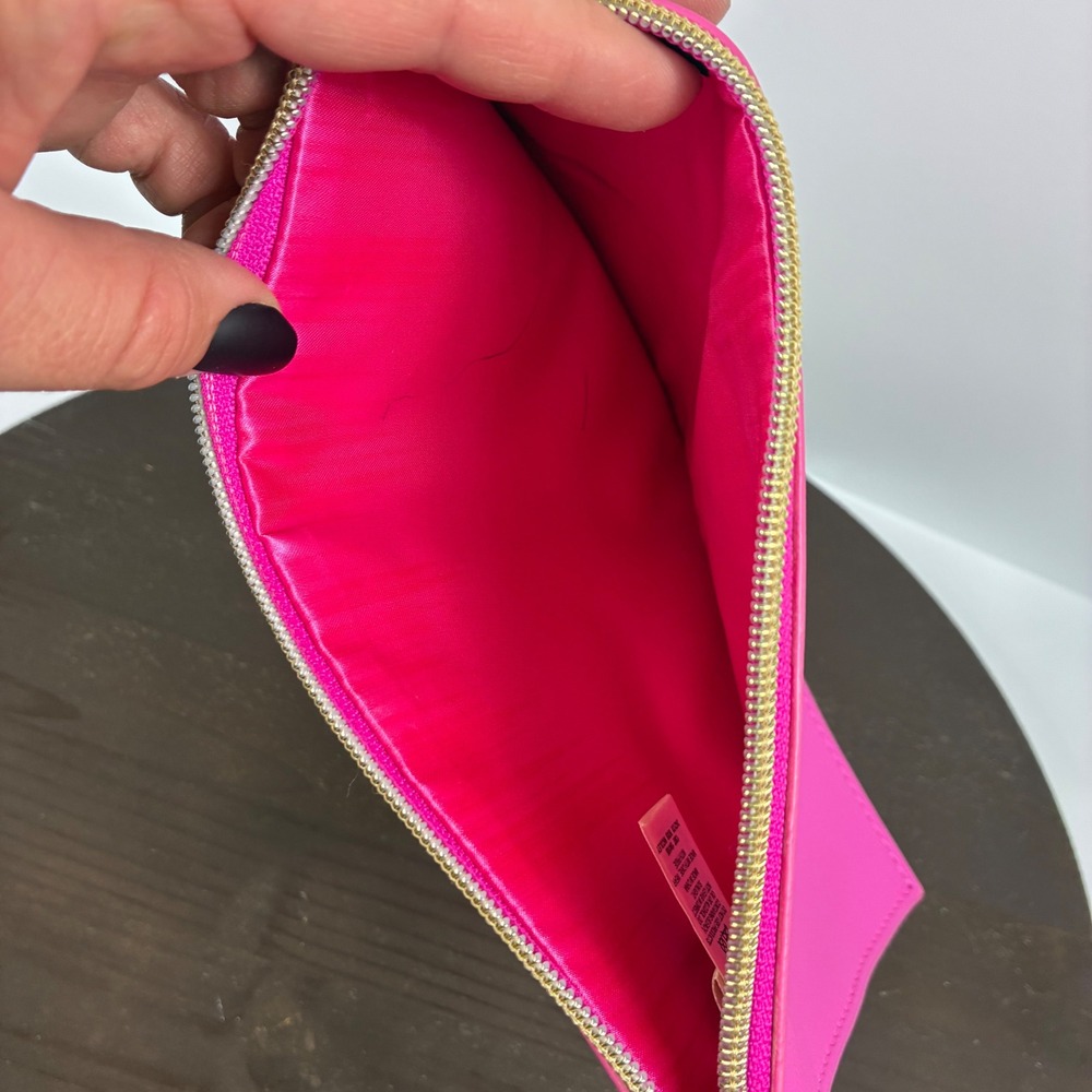 Ted Baker Wristlet Clutch Bag Pink Saffiano Leather Gold Logo Hot Pink Zip - Picture 5 of 9
